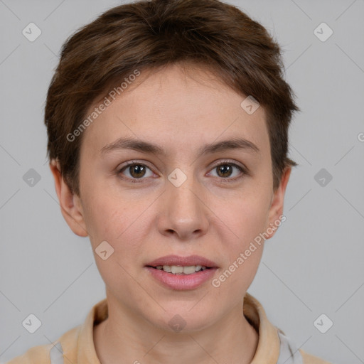 Joyful white young-adult female with short  brown hair and brown eyes