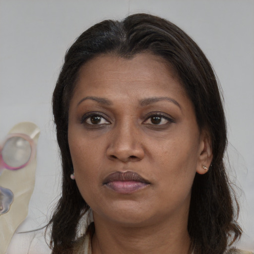 Joyful black adult female with long  brown hair and brown eyes