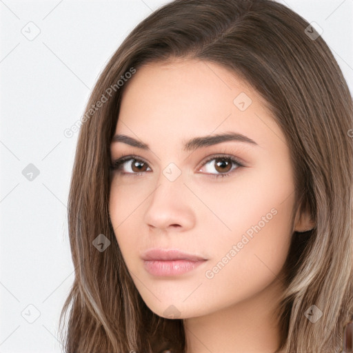 Neutral white young-adult female with long  brown hair and brown eyes