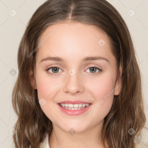 Joyful white young-adult female with medium  brown hair and green eyes