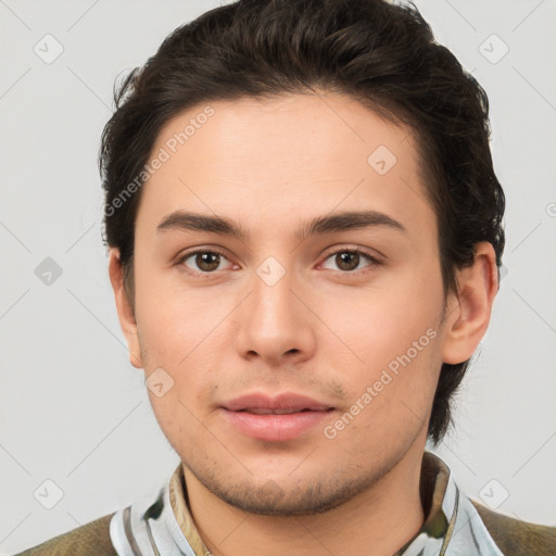 Neutral white young-adult male with short  brown hair and brown eyes