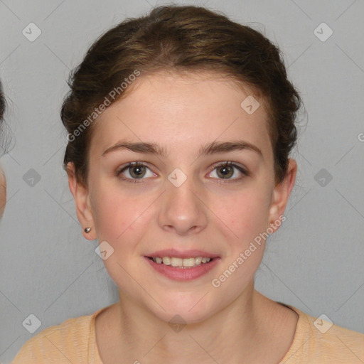 Joyful white young-adult female with medium  brown hair and blue eyes