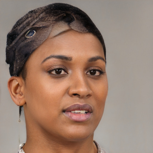 Joyful black young-adult female with short  brown hair and brown eyes