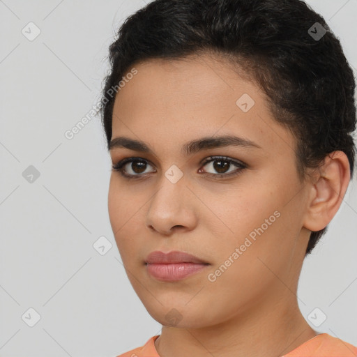 Neutral latino young-adult female with short  brown hair and brown eyes