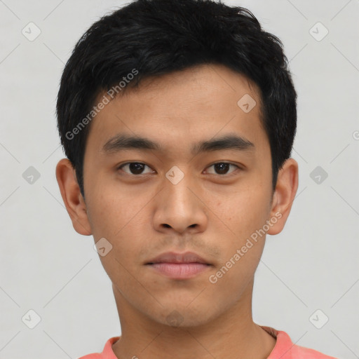 Neutral asian young-adult male with short  black hair and brown eyes