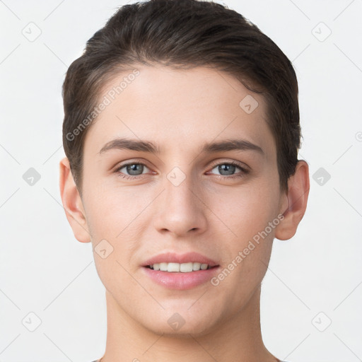 Joyful white young-adult female with short  brown hair and brown eyes