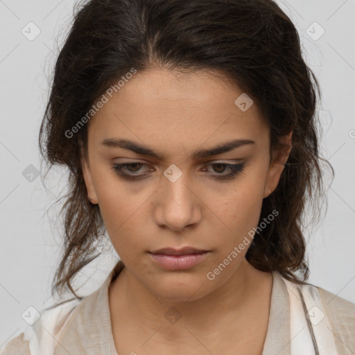 Neutral white young-adult female with medium  brown hair and brown eyes