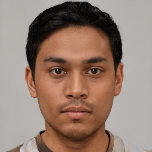 Neutral asian young-adult male with short  black hair and brown eyes