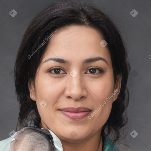 Joyful white young-adult female with medium  brown hair and brown eyes