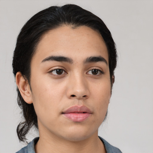 Neutral asian young-adult female with medium  black hair and brown eyes