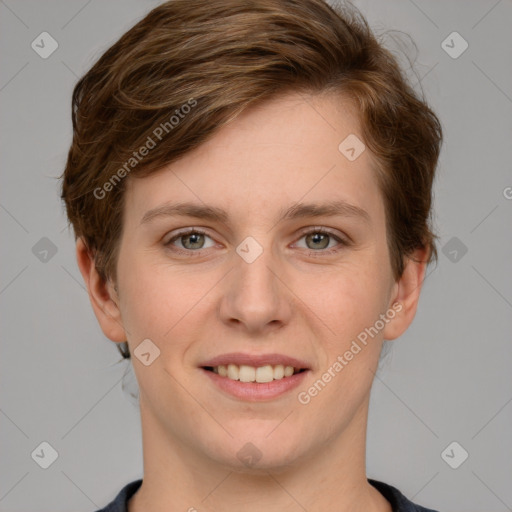 Joyful white young-adult female with short  brown hair and grey eyes