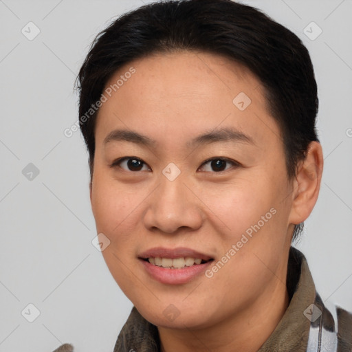 Joyful white young-adult female with short  brown hair and brown eyes