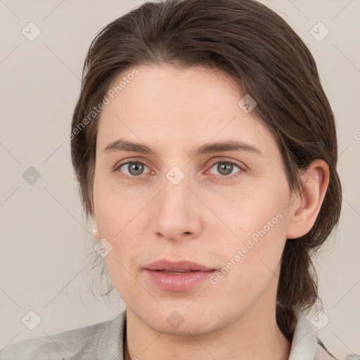 Neutral white young-adult female with medium  brown hair and grey eyes