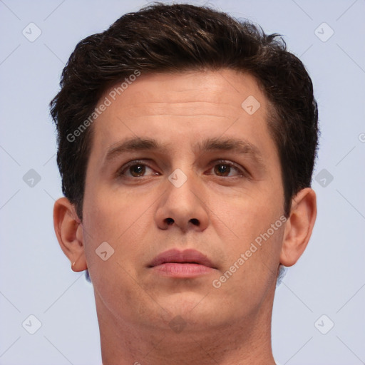 Neutral white adult male with short  brown hair and brown eyes