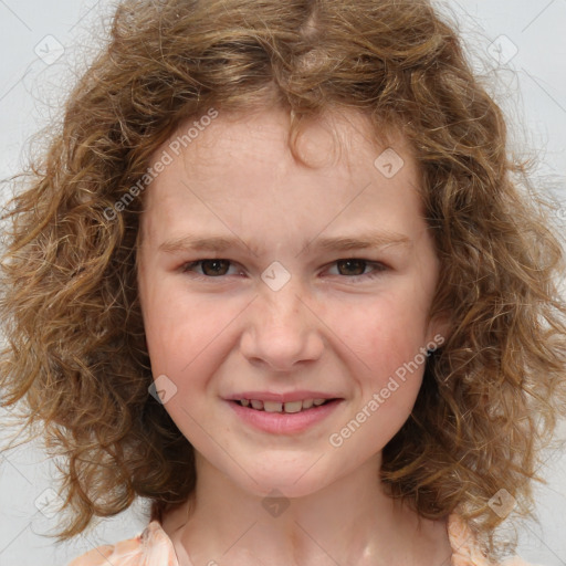 Joyful white child female with medium  brown hair and brown eyes