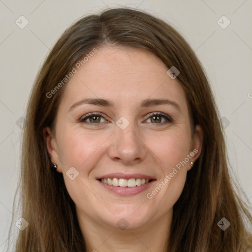 Joyful white young-adult female with long  brown hair and grey eyes