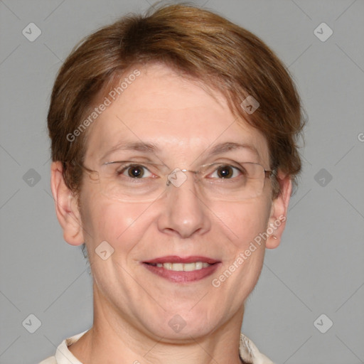 Joyful white adult female with medium  brown hair and blue eyes