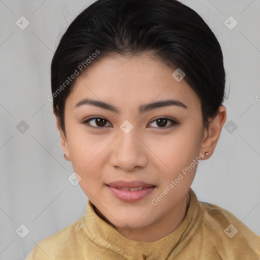 Joyful asian young-adult female with short  brown hair and brown eyes