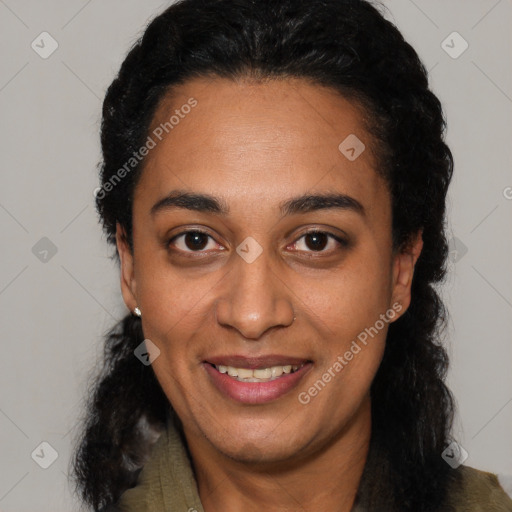 Joyful latino young-adult female with medium  black hair and brown eyes