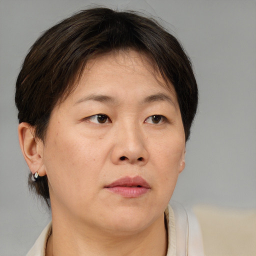 Neutral asian adult female with short  brown hair and brown eyes