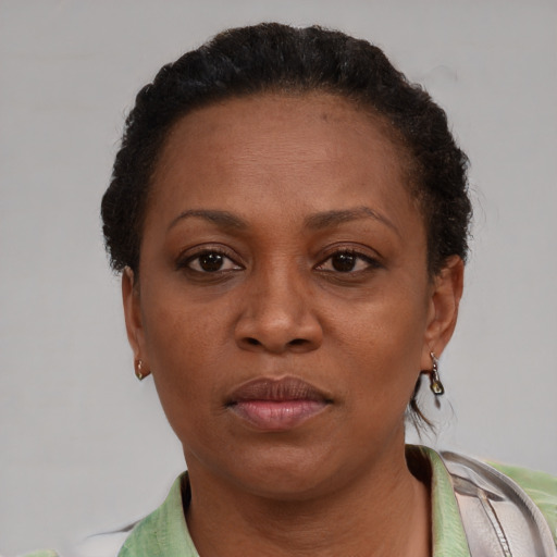 Neutral black adult female with short  brown hair and brown eyes