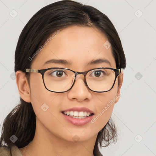 Joyful white young-adult female with medium  brown hair and brown eyes