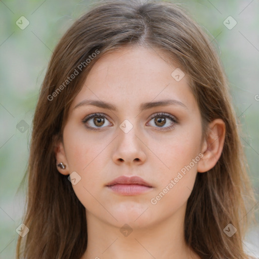 Neutral white young-adult female with long  brown hair and brown eyes