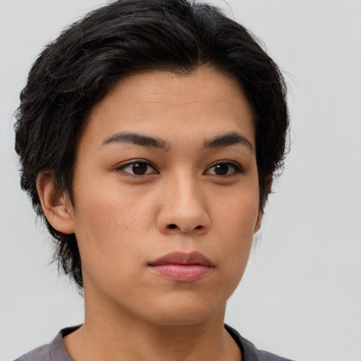 Neutral asian young-adult female with medium  brown hair and brown eyes