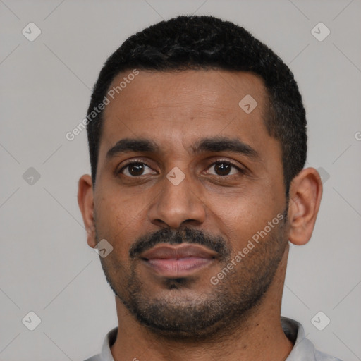Neutral black young-adult male with short  black hair and brown eyes