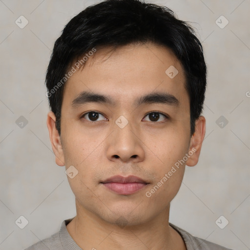 Neutral asian young-adult male with short  black hair and brown eyes