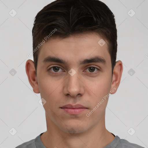 Neutral white young-adult male with short  brown hair and brown eyes