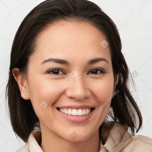 Joyful white young-adult female with medium  brown hair and brown eyes