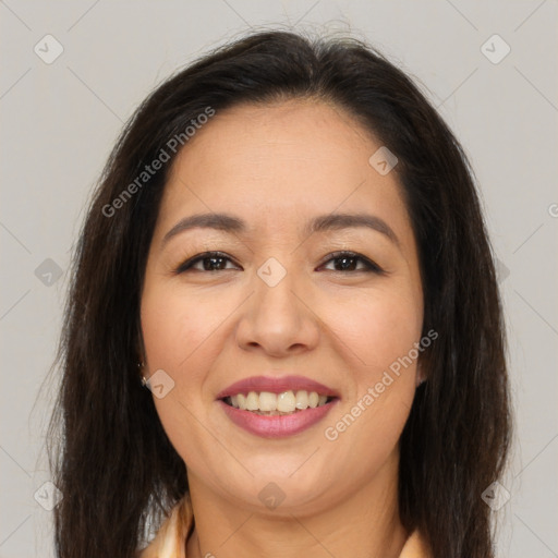 Joyful latino young-adult female with medium  brown hair and brown eyes