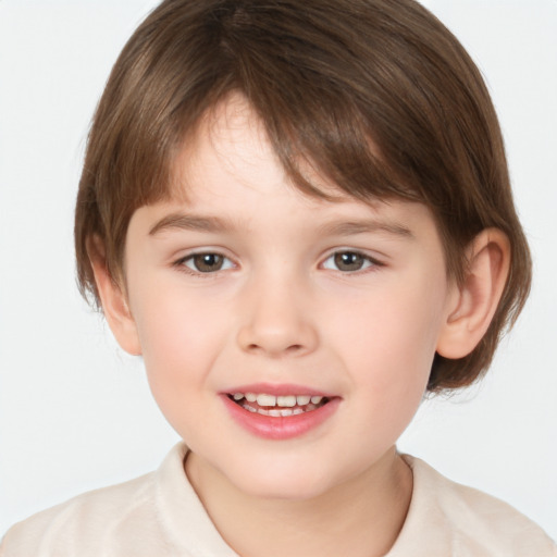 Joyful white child female with medium  brown hair and brown eyes