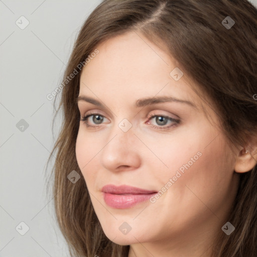 Neutral white young-adult female with long  brown hair and grey eyes