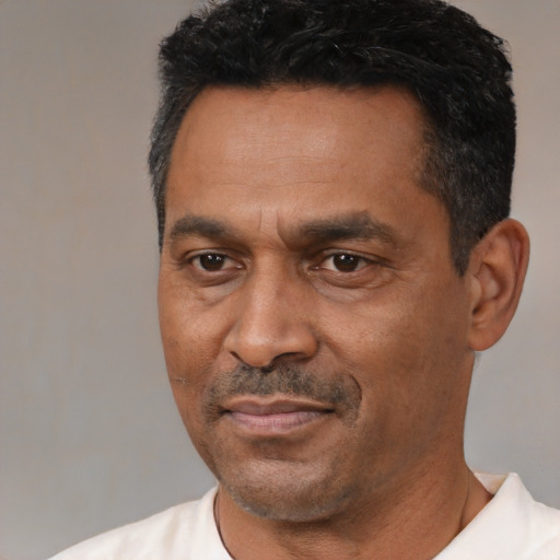 Joyful latino adult male with short  black hair and brown eyes
