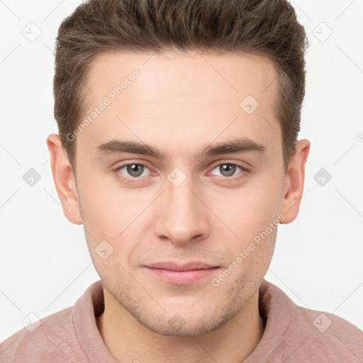 Neutral white young-adult male with short  brown hair and brown eyes