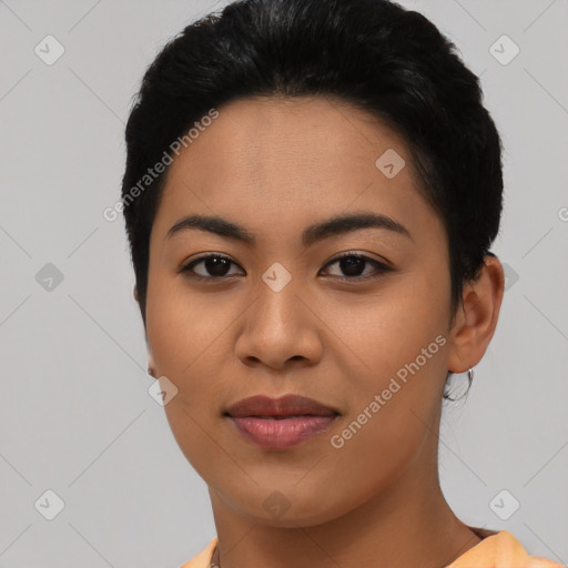 Joyful asian young-adult female with short  black hair and brown eyes