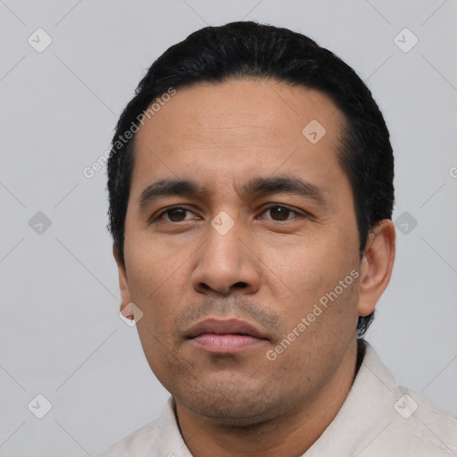 Neutral asian adult male with short  black hair and brown eyes