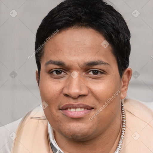 Joyful white young-adult male with short  black hair and brown eyes