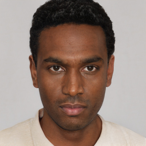 Neutral black young-adult male with short  black hair and brown eyes