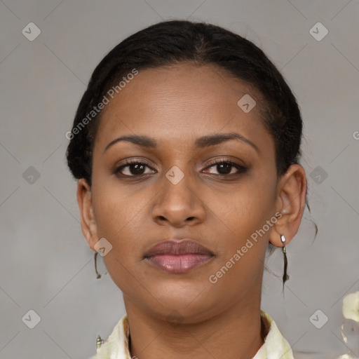 Neutral black young-adult female with medium  brown hair and brown eyes