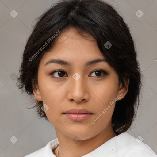 Neutral asian young-adult female with medium  brown hair and brown eyes