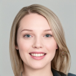 Joyful white young-adult female with medium  brown hair and blue eyes