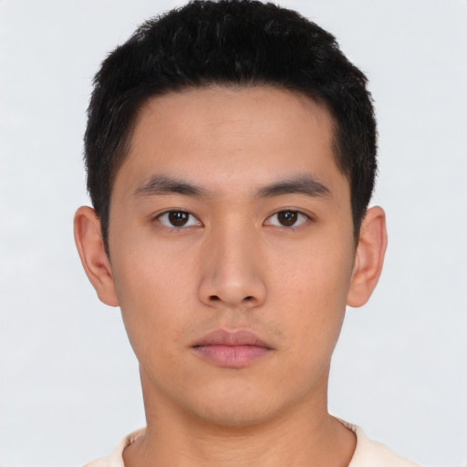 Neutral asian young-adult male with short  black hair and brown eyes