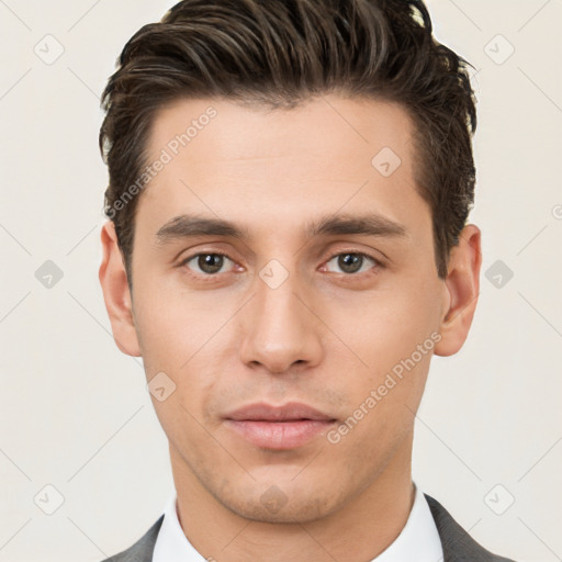 Neutral white young-adult male with short  brown hair and brown eyes