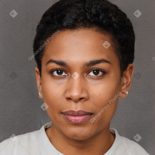 Neutral black young-adult female with short  black hair and brown eyes