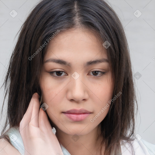 Neutral white young-adult female with medium  brown hair and brown eyes