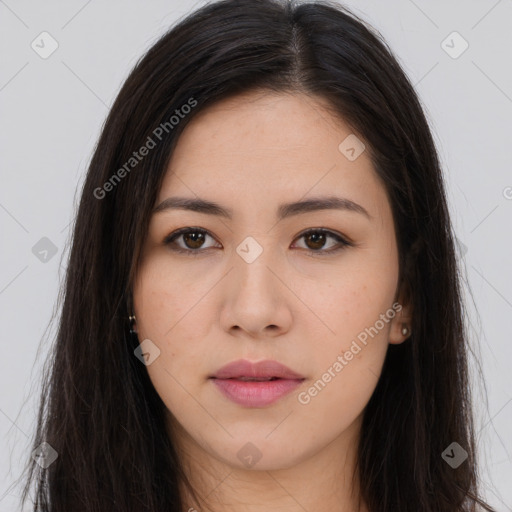 Neutral asian young-adult female with long  brown hair and brown eyes