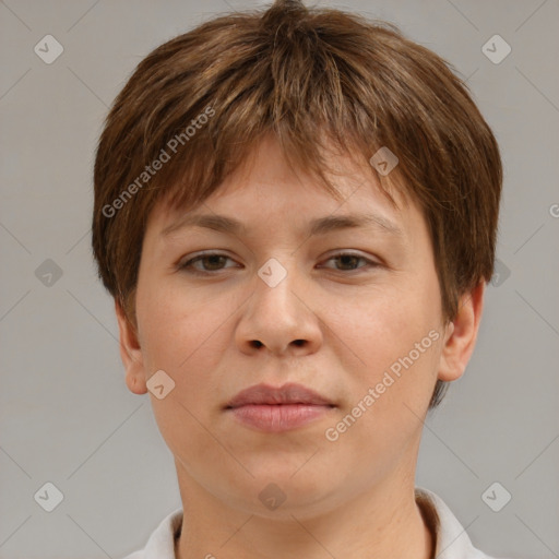 Neutral white young-adult female with short  brown hair and brown eyes